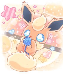 anus ball_of_yarn big_eyes black_inner_ear blue_eyes chibi colored digital_drawing_(artwork) digital_media_(artwork) eeveelution emanata female feral flareon fluffy fluffy_tail fur generation_1_pokemon genitals hi_res lying nintendo on_back on_rug open_mouth open_smile orange_body orange_ear orange_fur pillow pokemon pokemon_(species) rug small_mouth smile solo solo_focus star tail vulva waruwaru0205 yarn