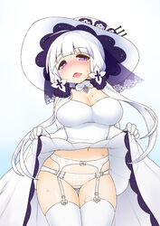 ass_visible_through_thighs azur_lane bangs blush bow breasts cleavage detached_collar dress dress_lift elbow_gloves eyebrows_visible_through_hair female garter_belt garter_straps gloves hair_ornament hat illustrious_(azur_lane) kogaku_kazuya lace lace-trimmed_dress large_breasts legs_together lifted_by_self looking_at_viewer mole mole_under_eye navel nose_blush open_mouth panties purple_eyes pussy_juice simple_background solo sun_hat sweat thigh_gap thighhighs thighs tri_tails underwear white_background white_bow white_dress white_gloves white_hair white_headwear white_legwear white_panties