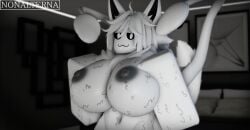 3d :3 abdomen anthro areolae bedroom big_breasts big_ears black_eyes changed_(video_game) detailed_background furry genderswap_(mtf) hands_on_breasts head_tilt large_breasts large_ears large_nipples latex_creature long_hair looking_at_viewer nipples nonalterna roblox robloxian rule_63 self_upload smug smug_face solo_female squid_dog_(changed) tilted_head wagging_tail white_fur