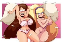 2girls aged_up art_edit big_breasts blonde_hair bra breasts brown_hair cleavage earrings eyebrows eyeshadow female female_only gravity_falls large_breasts light-skinned_female light_skin mabel_pines multiple_girls naked naked_female navel nipples nude nude_female pacifica_northwest panties pillow pillow_fight pussy sonson-sensei thick_thighs thighs underwear wafflebroz