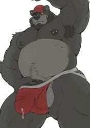 anthro bear beard bodily_fluids bulge bulge_fondling bulge_grab clothing facial_hair genital_fluids hat headgear headwear hi_res jockstrap leaking_precum male male/male male_only mammal meocondainhan musclegut muscular muscular_arms nipple_piercing nipples piercing precum solo underwear