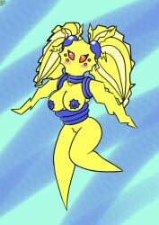 anthro anthrofied blue_nipples blush breasts brokenrekordbro electricity female female_only multi_eye pigtails pokémon_(species) pokemon regieleki tagme thighs