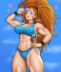 1girls abs athletic_female bare_arms bare_legs bare_shoulders bare_thighs big_breasts blue_eyes blush brown_hair captain_mizuki cheekie0 clothed clothing color female female_focus female_only fit_female hi_res large_breasts light-skinned_female light_skin long_hair looking_at_viewer mature_female medals muscles muscular muscular_arms muscular_female muscular_legs muscular_thighs nipples_visible_through_clothing one-punch_man slim_waist solo solo_female sports_bra tagme thick_thighs water_bottle wide_hips