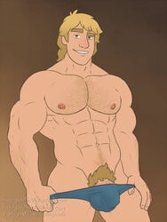 1boy abs amber_eyes balls_in_underwear bara big_pecs blonde blonde_hair blonde_pubic_hair blue_underwear body_hair bottomless brown_background bulge chest_hair disney front_view frozen_(film) hairy hairy_arms hairy_chest hairy_male hand_on_leg headingsouth human human_only kristoff_(frozen) looking_at_viewer male male_chest male_focus male_nipples male_only mature mature_male mostly_nude muscle muscles muscular muscular_male pecs pectorals penis penis_in_underwear pink_nipples pinup pubic_hair six_pack smile smiling smiling_at_viewer solo solo_focus solo_male standing teeth teeth_showing thick_eyebrows topless underwear underwear_only undressing