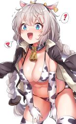 ? animal_ears animal_print bikini blue_eyes blush braid breasts collar collarbone cow_ears cow_print cowbell female gloves grey_hair highres jacket jacket_on_shoulders kizuna_akari konnyaku_(kk-monmon) large_breasts long_hair navel open_mouth spoken_question_mark swimsuit voiceroid