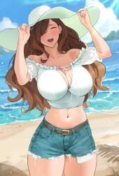 beach belt big_breasts boob_window brown_hair closed_eyes clouds collarbone female_focus female_only holding_hat jean_shorts kono_subarashii_sekai_ni_shukufuku_wo! light_blush ocean sendo_(sendrawz) sendrawz smiling summer sun_hat sun_rays tank_top thick_thighs waves wholesome wiz_(konosuba)