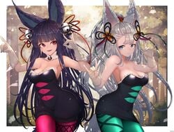 2girls armpits bare_shoulders big_breasts breasts callie_(splatoon) cat_bell cat_ears cleavage cosplay fully_clothed granblue_fantasy hizake kashu_(hizake) leggings marie_(splatoon) nintendo smooth_skin socie_(granblue_fantasy) splatoon splatoon_2 squid_sisters symmetrical_docking yuel_(granblue_fantasy)