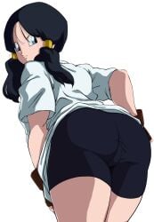 2d ass ass_focus bike_shorts black_hair black_shorts blue_eyes brown_gloves closed_mouth commission dragon_ball dragon_ball_z female fingerless_gloves from_behind full_color fully_clothed gloves hazama_null highres long_hair looking_at_viewer looking_back no_penetration no_sex presenting_hindquarters shirt short_sleeves shorts skeb_commission solo solo_female teenage_girl teenager topwear twintails videl videl_(long_hair) viewed_from_behind white_background white_shirt