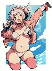 1girls bikini black_gloves blue_eyes blush breasts elphelt_valentine female fingerless_gloves gloves guilty_gear highres holding holding_microphone itsuka_neru jacket large_breasts long_sleeves looking_at_viewer microphone navel one_eye_closed open_mouth pink_jacket pink_theme short_hair smile solo swimsuit teeth upper_teeth_only white_bikini white_hair