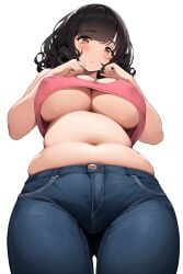 1girls ai_generated belly big_breasts black_hair blue_jeans breasts chubby cleavage female female_only jeans large_breasts looking_at_viewer muffin_top nai_diffusion navel nipple_bulge novelai original original_character plump pokies short_hair solo solo_female tank_top thick_thighs underboob wide_hips worm's-eye_view