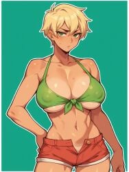 1girls ai_generated barely_clothed blonde_hair bombshell breasts bully bullying cleavage female female_only huge_breasts jorgecarlosai short_hair shorts shortshorts solo tied_shirt unbuttoned underboob