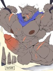 absurd_res anthro arms_tied balls big_balls big_pecs big_penis blaidd_(elden_ring) blush blush_lines bodily_fluids bound canid canine canis cum cumshot ejaculation elden_ring erection fromsoftware genital_fluids genitals hatake hi_res male male_only mammal muscular muscular_male nude nude_male pecs penis rope scar solo solo_male vein veiny_penis wolf