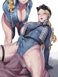 2girls blonde_hair blue_eyes cameltoe capcom cleavage dark-skinned_male dark_skin facesitting female interracial kolin kumiko_(aleron) large_breasts male street_fighter street_fighter_v swimsuit urien