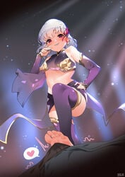 armor bsue bulge fate/grand_order fate_(series) feet femdom foot_fetish footjob footjob_over_clothes kama_(fate/grand_order) looking_down no_bra penis_bulge see-through shirt_lift standing standing_footjob thighhighs toeless_legwear