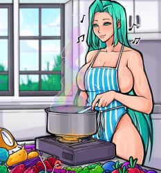 apron apron_only big_breasts breasts cleavage cooking frealish green_eyes green_hair kitchen long_hair musical_note sweat sweaty_body sweaty_breasts vegetable