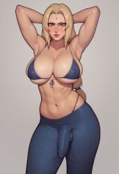 1futa absurd_res ai_generated armpits arms_up big_breasts bikini bikini_top blonde_hair breasts bulge cleavage curvy detailed_bulge erection_under_clothes futanari hands_behind_head hi_res highres large_breasts long_hair looking_at_viewer naruto naruto_(series) naruto_shippuden navel pants perfect_body phoenixeugene pose posing simple_background solo solo_futa stable_diffusion standing thong tight_pants tsunade