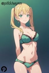 1girls ai_generated arms_behind_back ass_visible_through_thighs blonde_hair blush bow bow_bra bow_panties bra breasts cleavage closed_mouth clothing collarbone cowboy_shot female gradient gradient_background green_bra green_eyes green_panties hoshizaki_rika kanojo_mo_kanojo long_hair looking_at_viewer matching_underwear medium_breasts navel panties pikkiwynn smile solo twintails underwear underwear_only