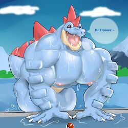 1boy bara bara_tiddies bara_tits big_arms big_chest big_pecs demondragoncyan feraligatr gay gay_male generation_2_pokemon huge_chest huge_pecs male male_only muscular muscular_male open_mouth poke_ball pokemon pokemon_(species) red_eyes scalie sharp_teeth solo solo_male