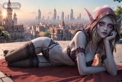 1girls ai_generated arm_support black_bra black_thighhighs blonde_hair bra breasts castle cleavage colored_skin elf female garter_belt head_rest hi_res hood lace_trim lingerie lips long_hair looking_at_viewer lying medium_breasts navel on_side outdoors panties pointy_ears r34arts red_eyes red_hood sky solo sylvanas_windrunner thighhighs underwear underwear_only warcraft warcraft_3 world_of_warcraft