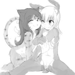 2014 4_fingers anthro blush closed_eyes digital_drawing_(artwork) digital_media_(artwork) duo felid feline female female_anthro fingers genitals greyscale hair kemono lagomorph leporid long_hair mammal monochrome navel nude nude_anthro nude_female one_eye_closed pussy rabbit raijin short_snout simple_background sitting smile spread_legs spreading white_background