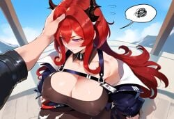 ai_generated arknights blush cleavage embarrassed flustered from_above headpat henrik_n huge_breasts nipple_bulge nipples_visible_through_clothing novelai pov purple_eyes red_hair surtr_(arknights) thiccwithaq_(ai_style)