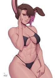 1girls abs absurd_res adonis_belt animal_ear_fluff animal_ears biceps bikini black_bikini breasts brown_eyes brown_hair bunny_ears bunny_girl cleavage dark-skinned_female dark_skin gradient_hair hi_res large_breasts looking_at_viewer multicolored_hair muscular muscular_female navel original original_character pink_hair short_hair signature simple_background sitting solo speedl00ver swimsuit undercut white_background