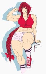 1girls 2d abs belly belly_button big_breasts braided_hair braided_ponytail breasts female hair_ribbon high_socks hips long_hair looking_at_viewer muscles muscular muscular_female muscular_thighs okazaki_yumemi open_mouth professor red_eyes red_hair red_hair red_ribbon red_vest shorts simple_background simple_shadow sitting smile sneakers socks solo source thighs tied_hair touhou touhou_(pc-98) ultragruntyy vest white_background white_shorts wide_hips yumemi_okazaki