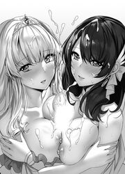 2girls aruma_jiki black_and_white censored cum diadem double_paizuri light_novel monotreme