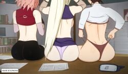 3girls adjusting_panties ass ass_focus big_ass blonde_hair boruto:_naruto_next_generations bottomless bottomless_female breasts_out brown_hair commentary desk faceless_female facing_away female female_only from_behind g-string hokage_office indoors ino_yamanaka koikatsu konohagakure_symbol kunoichi long_hair lower_body multiple_girls naruto naruto_(series) naruto_shippuden ninja no_bra office otsukira panty_pull patreon_username pink_hair ponytail presenting presenting_ass presenting_hindquarters pulled_by_self round_ass sakura_haruno shirt shirt_lift shorts sitting sitting_on_desk skirt take_your_pick tenten thong underwear url very_long_hair viewed_from_behind watermark web_address