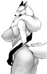 angry big_breasts big_butt canine ear_piercing fox fur_scarf joka_(hiwai) long_dress looking_at_viewer mature_female nipple_outline