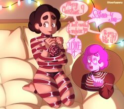 2boys chad_steven christmas christmas_outfit christmas_present english english_dialogue english_text gay gay_male inminent_sex male male/male male_focus male_only no_visible_genitalia on_bed pink_steven skinny speech_bubble speech_bubbles steven_quartz_universe steven_universe tied tied_up toofygoru wrapped wrapped_up young