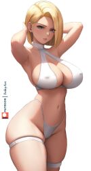 1girls android_18 bare_arms bare_legs bare_shoulders bare_thighs big_breasts bikini bikini_bottom bikini_top blonde_hair blue_eyes clothed clothing color dragon_ball dragon_ball_z feikyart female female_focus female_only hi_res large_breasts light-skinned_female light_skin looking_at_viewer nipples_visible_through_clothing short_hair solo solo_female tagme thick_thighs