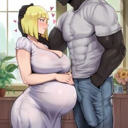 1boy ai_generated blonde_hair blue_eyes blunt_bangs blush bob_cut breasts bulge cleavage colored_skin cuckold dark-skinned_male dark_skin dress erection erection_under_clothes female flower hand_in_pocket hand_on_another's_head hand_on_own_stomach heart huge_breasts husband_and_wife indoors jeans jewelry large_penis looking_at_another manly mature_female muscular muscular_male naruto_(series) netorare pants plant pregnant ring samui shirt short_hair short_sleeves smile straight veins veiny_arms wedding_ring white_dress window zeulzin