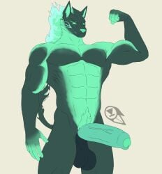 absurd_res anthro balls big_balls big_penis canid canine cerberus cerberus_(fortnite) epic_games fire flaming_hair fortnite genitals green_body green_eyes hi_res humanoid humanoid_genitalia male male_only mammal muscular muscular_anthro muscular_male penis pseudo_hair shifter_gamer solo solo_male