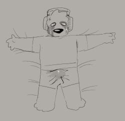 2024 4_fingers anthro barefoot bear biped bodily_fluids clothed clothing crying cum cum_in_clothing cum_through_clothing cum_through_pants electronics erection erection_under_clothing feet fingers genital_fluids headphones hi_res lying male male_only mammal monochrome on_back p.bear paws peculiart solo sun_bear tears ursine wet wet_clothing