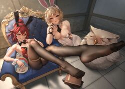 2024 2girls absurdres alternate_costume amiba_(nerdamiba) animal animal_ears anna_(fire_emblem) armchair bare_shoulders bird black_bow black_bowtie black_leotard black_necktie black_pantyhose blonde_hair book book_stack bow bowtie breasts bunny_ears bunny_girl bunnysuit chair character_pillow citrinne_(fire_emblem) cleavage commentary_request crossed_bangs detached_collar fake_animal_ears feet feh_(fire_emblem_heroes) female female_only finger_to_face fire_emblem fire_emblem_engage fire_emblem_heroes foot_focus grin highres indoors large_breasts legs leotard light-skinned_female light_skin looking_at_viewer multiple_girls necktie nintendo open_mouth owl pantyhose playboy_bunny ponytail rabbit_ears red_eyes red_hair red_leotard seated short_hair short_necktie small_breasts smile sommie_(fire_emblem) teenage_girl teenager thigh_strap tie two-tone_leotard white_leotard white_pantyhose wrist_cuffs