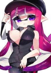 1girl 1girls areola_slip areolae bangs blunt_bangs breasts cleavage female inkling inkling_girl long_hair nipples nipples_peek pink_hair pointy_ears pussy_line skindentation solo solo_female solo_focus splatoon splatoon_(series) tentacle tentacle_hair underboob unzipped vaz_999