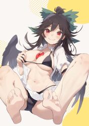 artist_request black_hair feet grabbing_own_breast light-skinned_female light_skin looking_at_viewer medium_breasts object_between_breasts red_eyes smile smiling smiling_at_viewer tetsu__ttr touhou utsuho_reiuji wings