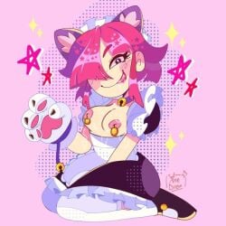 artist_request brawl_stars cat_ears cat_girl cat_maid cat_paws colette_(brawl_stars) maid maid_outfit maid_uniform nipple_piercing pink_hair pinku_pawlette simple_background smile smile_at_viewer smiley_face source_request supercell tagme third-party_edit tongue_out