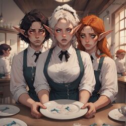 ai_generated blue_eyes cafe condom cum cum_in_mouth elf elf_ears elf_female elf_girl entnsfw female femboy ginger ginger_hair green_eyes indoors plate public red_eyes red_hair restaurant used_condom white_hair