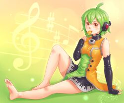 2016 ahoge arm_support bad_id bare_legs bare_shoulders barefoot breasts dress eating feet female fingerless_gloves fl_chan fl_studio food food_in_mouth fruit full_body gloves green_background green_dress green_hair hashtag headphones headset holding holding_food holding_fruit knee_up looking_at_viewer medium_breasts microphone multicolored_background musical_note ninjaham orange_dress orange_eyes piano_print short_hair sitting sleeveless sleeveless_dress small_breasts smile soles solo staff_(music) strawberry third-party_source toes yellow_background