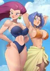 1female 1male beach bikini crossdressing fake_breasts fat_breasts flat_belly flytrapxx james_(pokemon) jessie_(pokemon) large_breasts pokemon redraw rule_63 screencap