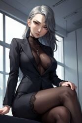 1girls ai_generated black_jacket black_shirt black_skirt breasts crossed_legs dontplantoend earrings grey_hair jacket large_breasts long_hair looking_at_viewer necklace office_lady pantyhose pencil_skirt persona persona_5 red_eyes sae_niijima see-through_shirt shirt sitting skirt suit thighhighs