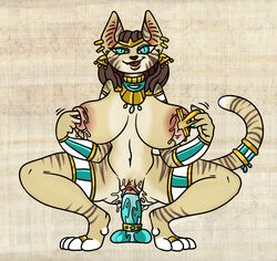 anthro dildo dragocorn felid feline felis female fingering gaping gaping_nipples improvised_sex_toy jewelry mammal masturbation nipple_penetration nipples penetration piercing sand_cat sex_toy solo