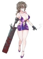 black_gloves bloody_sword bloody_weapon bodycon breasts brown_hair cigarette dress female full_body genderswap_(mtf) glasses gloves gregor_(limbus_company) highres holding holding_cigarette huge_breasts kikkoinu limbus_company long_hair looking_at_viewer low_ponytail mechanical_arms parted_bangs project_moon purple_dress purple_footwear rule_63 saw shiny_clothes shoes single_mechanical_arm skin_tight skin_tight_dress skin_tight_outfit skindentation solo tight_clothes tight_clothing tight_dress tight_fit yellow_eyes