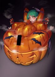 belly big_breasts bone breasts capcom censor_bar censored cooking darkstalkers death decapitation demon digital_media_(artwork) ear_piercing ear_ring female female_death food fruit genitals goblin_potato gore green_eyes green_hair guro hair hand_behind_head head_wings hi_res huge_breasts humanoid jack-o'-lantern membrane_(anatomy) membranous_wings morrigan_aensland nipple_tie nipples not_furry piercing plant pumpkin ring_piercing solo stitch_(sewing) succubus surgical_suture wings