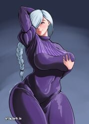 big_breasts big_butt big_thighs blue_hair darth_jin dress grabbing_own_breast jujutsu_kaisen long_hair mei_mei_(jujutsu_kaisen) pink_lips purple_dress tight_clothing tight_dress white_skin