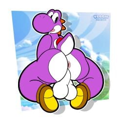 absurd_res anthro anus ass backsack balls big_balls big_butt clothing dinosaur footwear footwear_only genitals hi_res kneeling looking_back male_only mario_(series) mostly_nude nintendo open_mouth pac-man_eyes pink_anus purple_body purple_scales purple_yoshi raised_tail reptile scales scalie shoes shoes_only solo super_mario_bros._wonder tail thick_thighs veggieafterdark white_body white_scales wide_hips yoshi yoshi_(character)