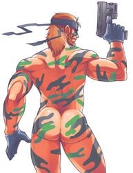 1boy ass back_muscles back_view bandana bara beard beaugilliam big_ass bodypaint brown_hair bubble_ass bubble_butt camouflage dat_ass facial_hair from_behind gloves gun headband holding_object holding_weapon human human_only konami light_skin long_hair looking_at_viewer looking_back male_only metal_gear metal_gear_solid muscle muscles muscular muscular_male naked nude nude_male presenting_hindquarters shiny_skin simple_background solid_snake solo solo_focus solo_male suggestive thick_thighs white_background white_male