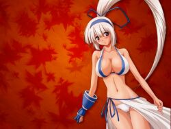 1girls arm_up armpit_peek big_breasts bikini blue_eyes breasts busty dark-skinned_female female female_only gloves hair_ribbon highres large_breasts long_hair looking_at_viewer majikina_mina navel ponytail ribbon samurai_shodown sarong snk solo swimsuit very_long_hair white_hair